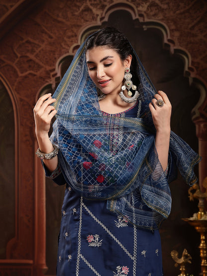 Blue Solid & Embroidered Silk Straight Kurta Pant Dupatta Set