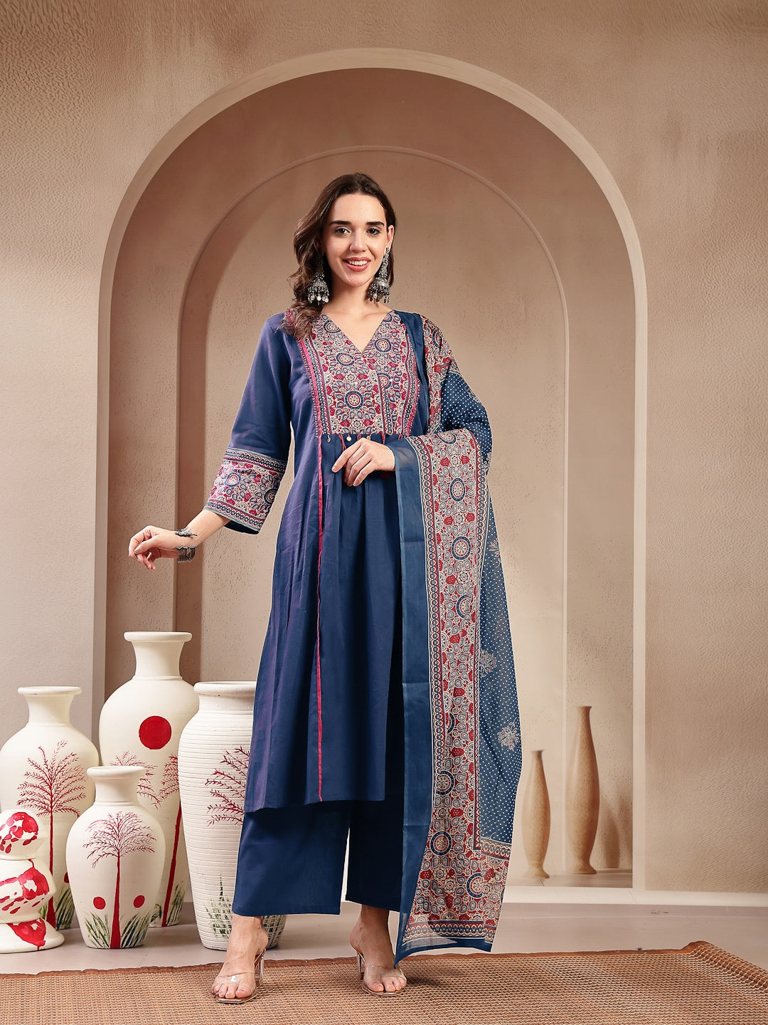 Blue Ajrakh Printed Cotton A-Line Kurta Pant Dupatta Set