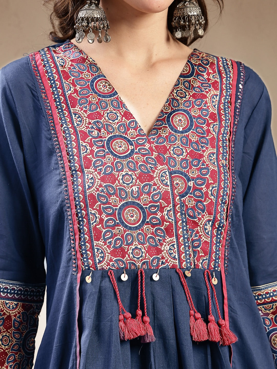 Blue Ajrakh Printed Cotton A-Line Kurta Pant Dupatta Set