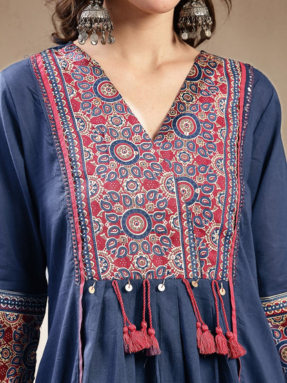 Blue Ajrakh Printed Cotton A-Line Kurta Pant Dupatta Set