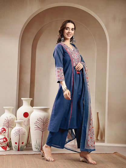 Blue Ajrakh Printed Cotton A-Line Kurta Pant Dupatta Set