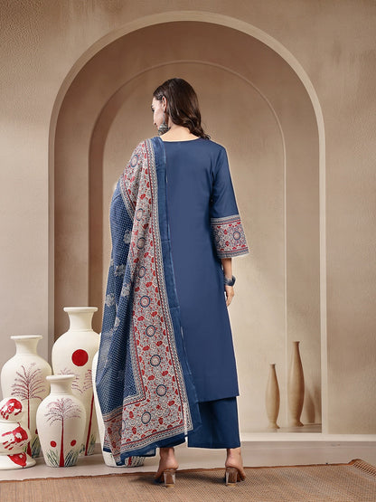 Blue Ajrakh Printed Cotton A-Line Kurta Pant Dupatta Set