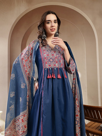 Blue Ajrakh Printed Cotton A-Line Kurta Pant Dupatta Set