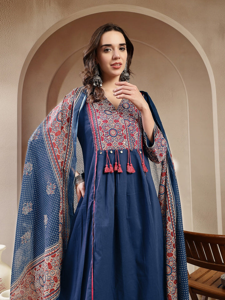 Blue Ajrakh Printed Cotton A-Line Kurta Pant Dupatta Set