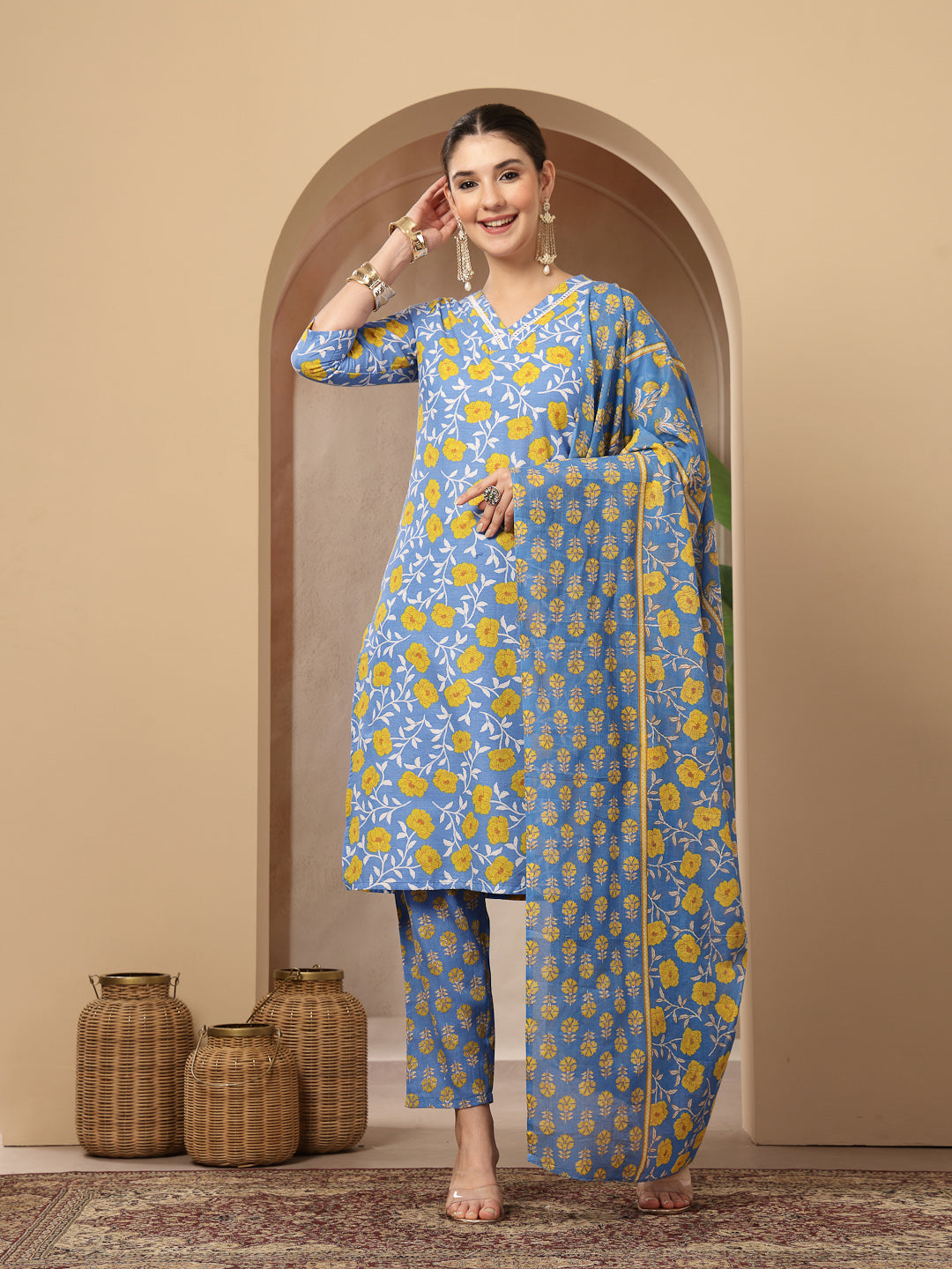 Floral Printed Cotton Straight Kurta Pant Dupatta Set