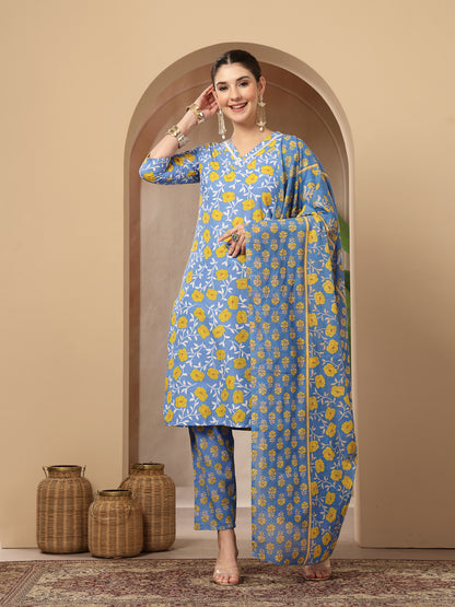 Floral Printed Cotton Straight Kurta Pant Dupatta Set