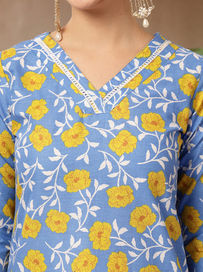 Floral Printed Cotton Straight Kurta Pant Dupatta Set