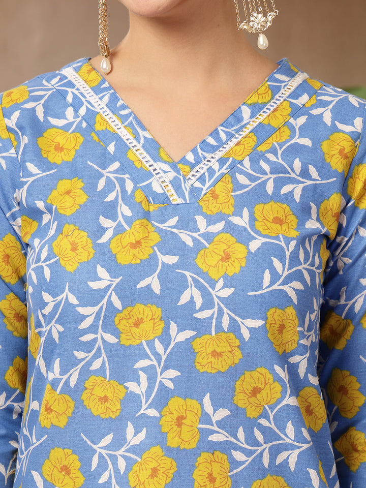 Floral Printed Cotton Straight Kurta Pant Dupatta Set