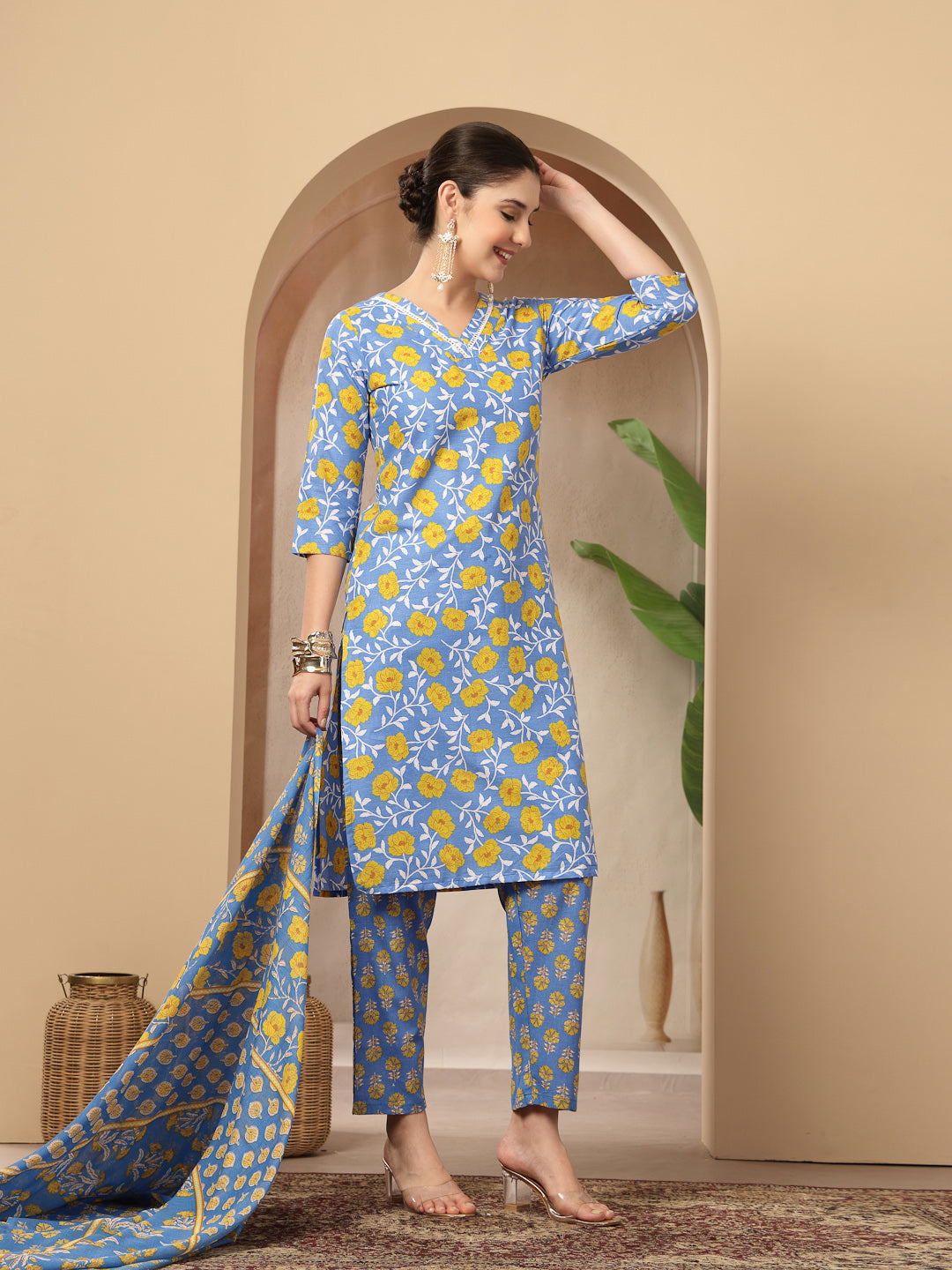 Floral Printed Cotton Straight Kurta Pant Dupatta Set