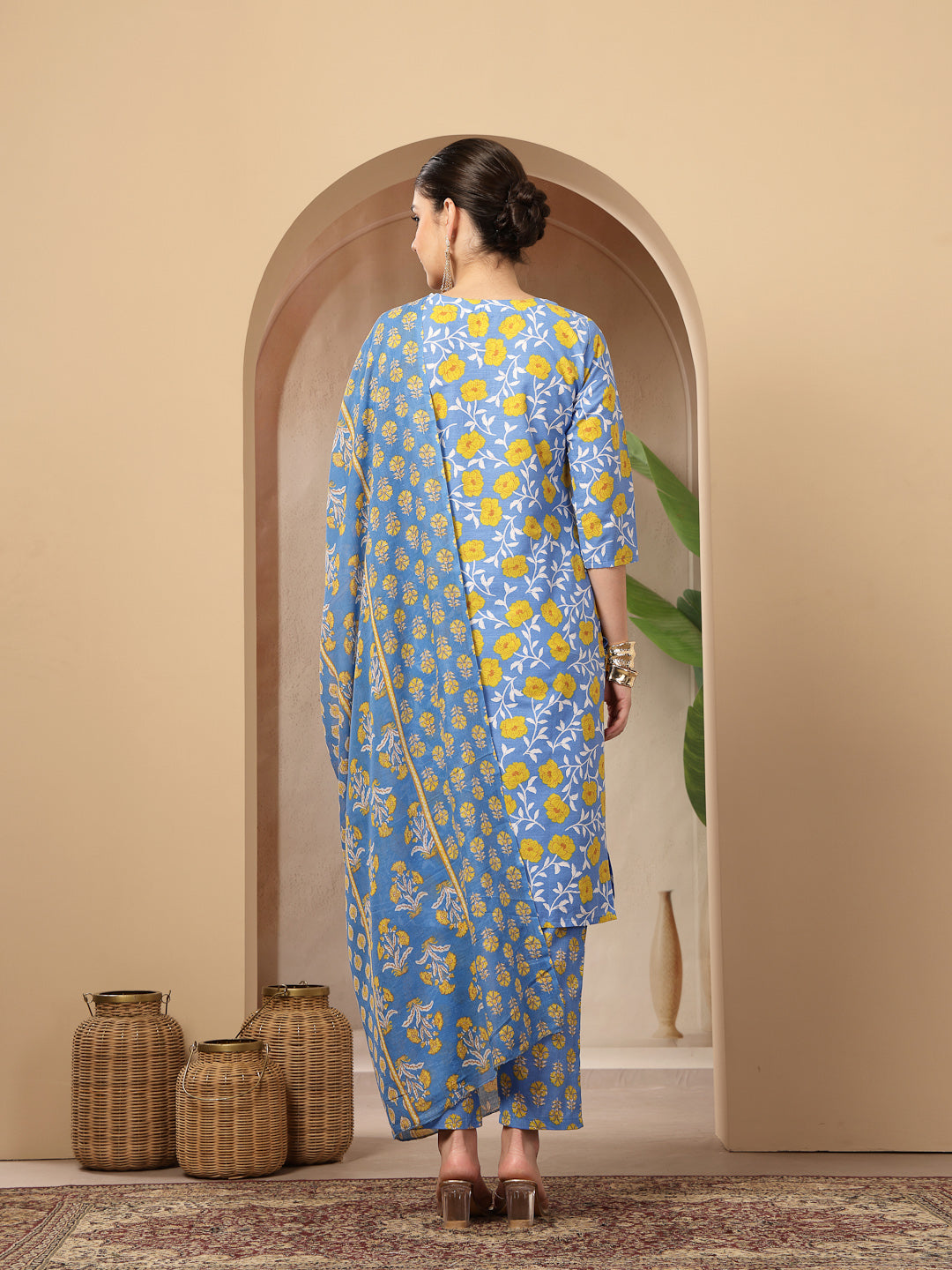 Floral Printed Cotton Straight Kurta Pant Dupatta Set