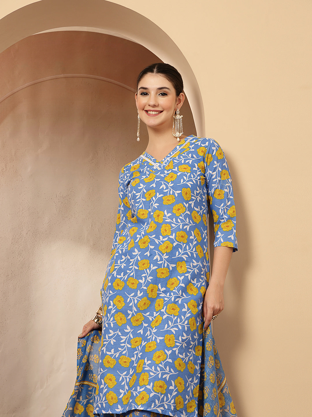 Floral Printed Cotton Straight Kurta Pant Dupatta Set