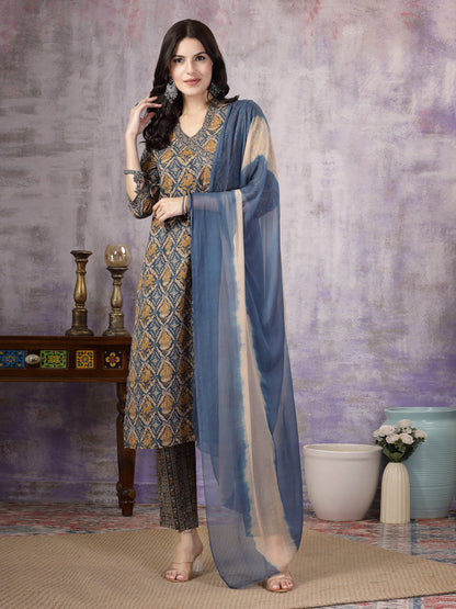 Blue Ajrakh Printed Cotton Straight Angrakha Kurta Pant Dupatta Set