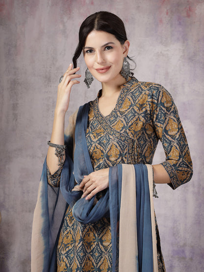 Blue Ajrakh Printed Cotton Straight Angrakha Kurta Pant Dupatta Set