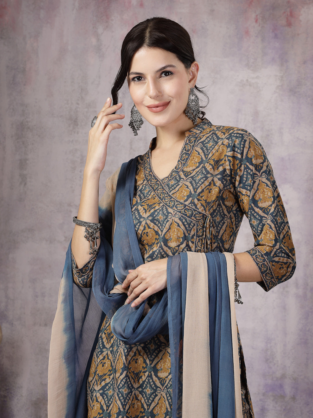 Blue Ajrakh Printed Cotton Straight Angrakha Kurta Pant Dupatta Set (Pre-Order)