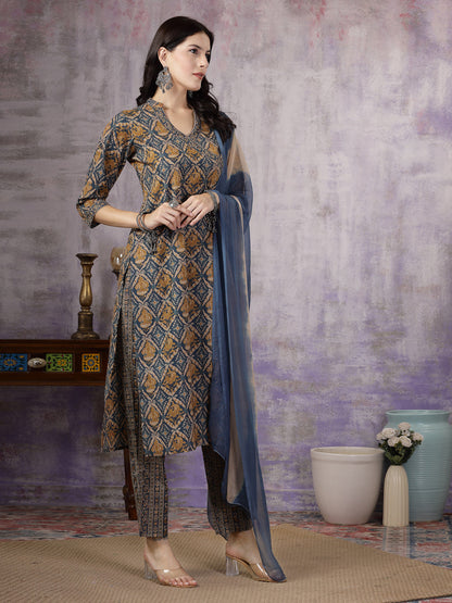 Blue Ajrakh Printed Cotton Straight Angrakha Kurta Pant Dupatta Set