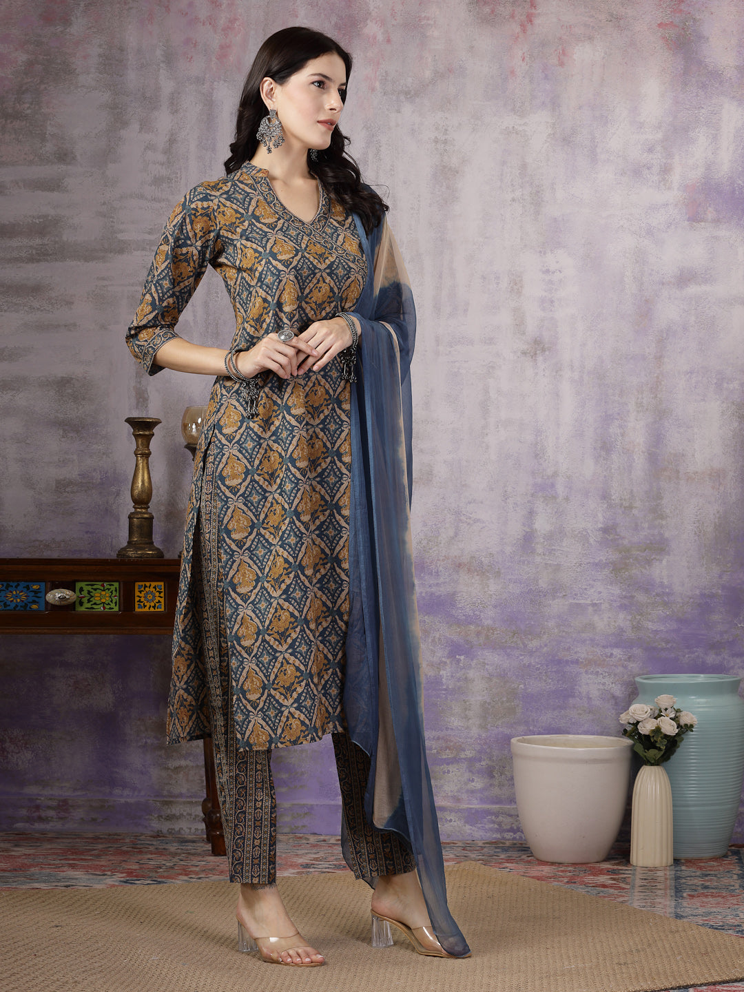 Blue Ajrakh Printed Cotton Straight Angrakha Kurta Pant Dupatta Set (Pre-Order)