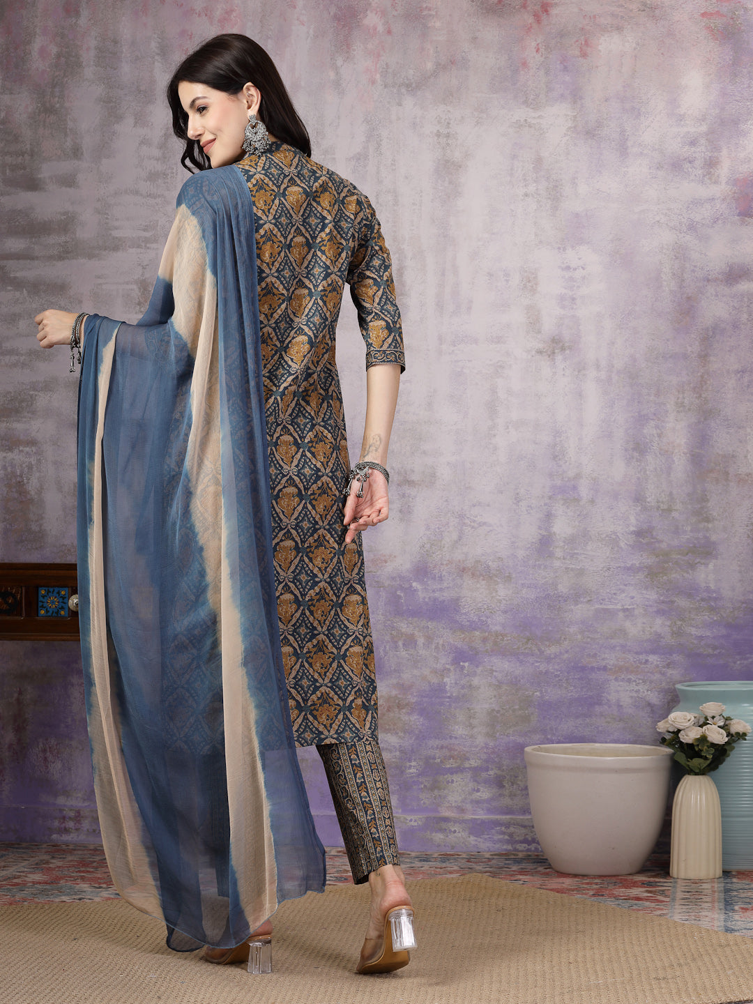 Blue Ajrakh Printed Cotton Straight Angrakha Kurta Pant Dupatta Set (Pre-Order)