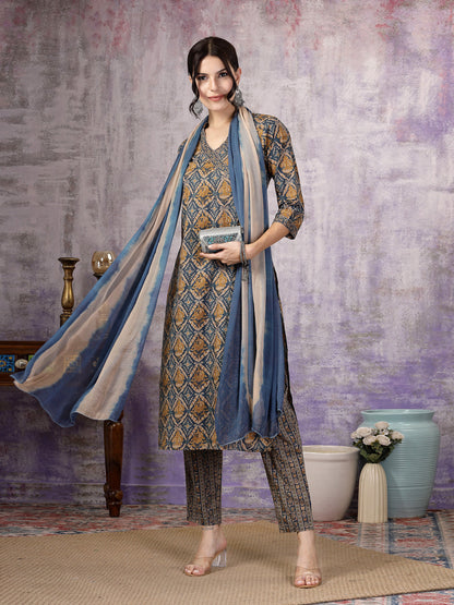 Blue Ajrakh Printed Cotton Straight Angrakha Kurta Pant Dupatta Set