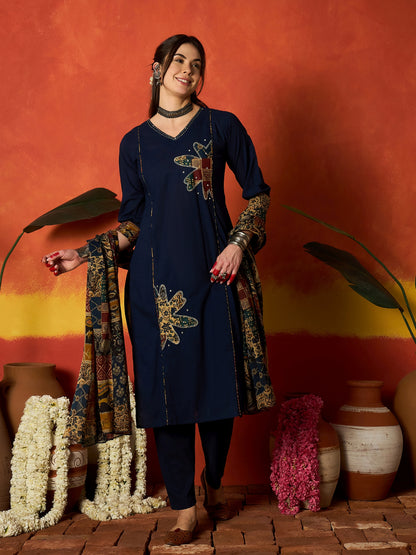 Solid Cotton Straight Kurta Pant Dupatta Set