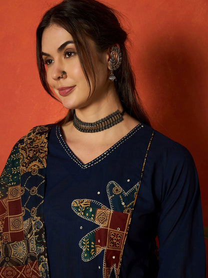 Solid Cotton Straight Kurta Pant Dupatta Set
