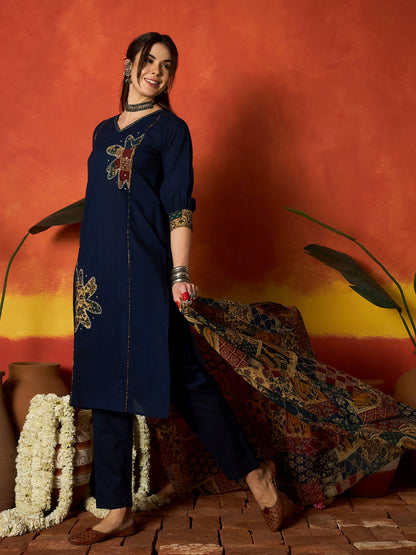Solid Cotton Straight Kurta Pant Dupatta Set