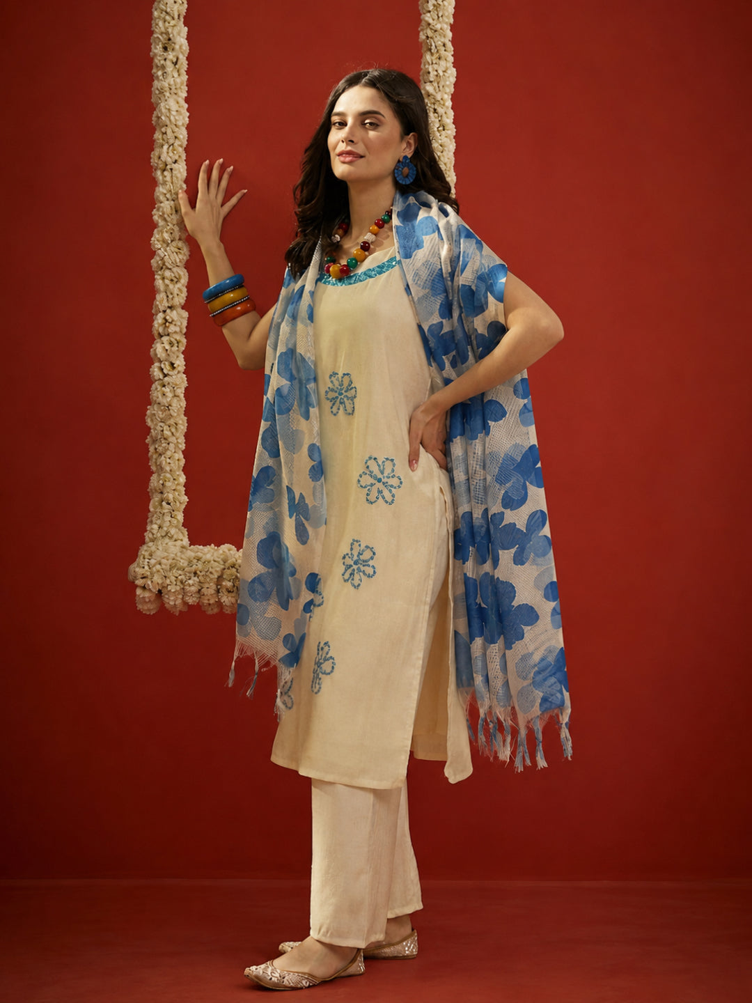 Solid &amp; Embroidered Polyester Straight Kurta Pant Dupatta Set