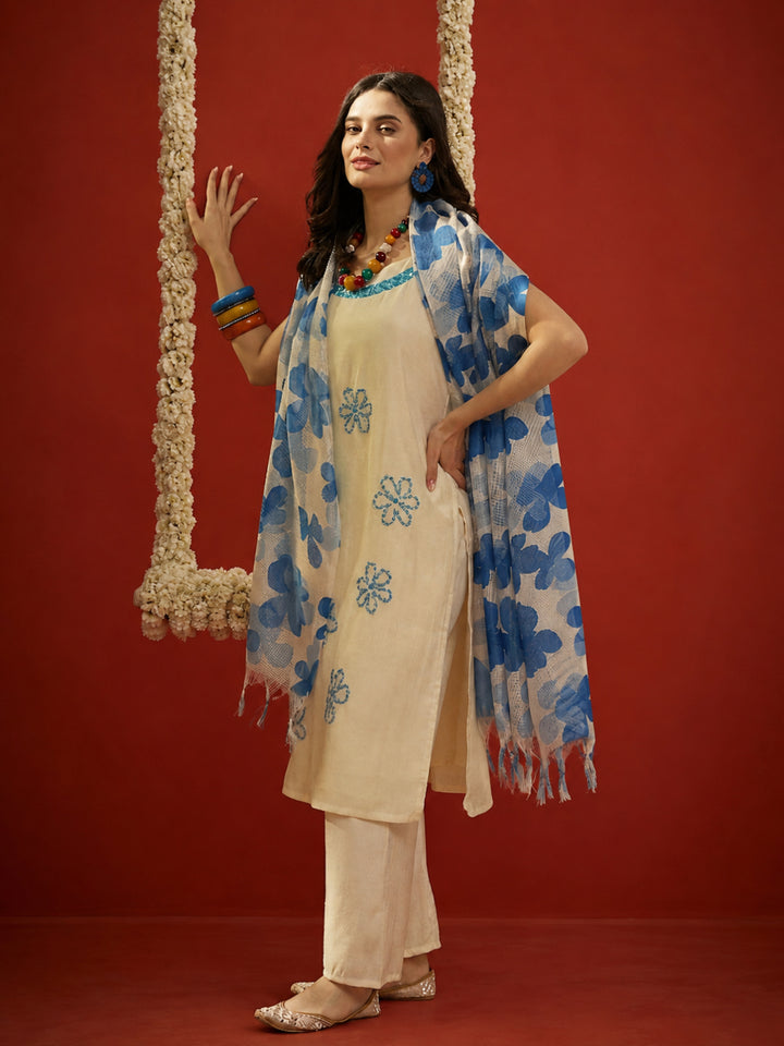 Solid &amp; Embroidered Polyester Straight Kurta Pant Dupatta Set