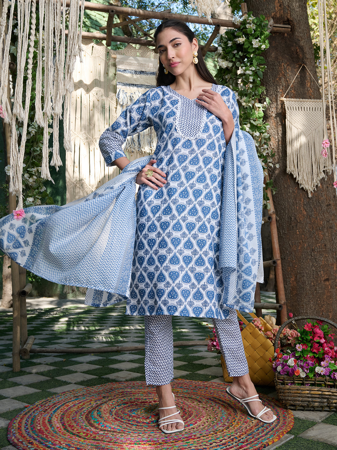 Blue Striped Printed Cotton Blend Straight Kurta Pant Dupatta Set