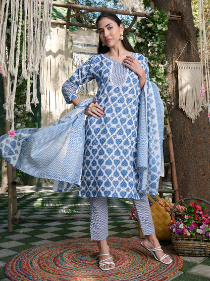 Blue Striped Printed Cotton Blend Straight Kurta Pant Dupatta Set (Pre-Order)