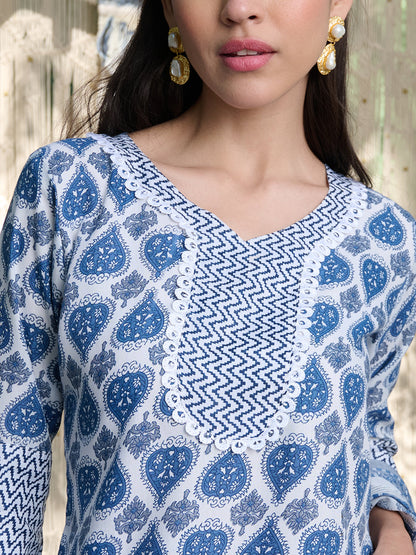 Blue Striped Printed Cotton Blend Straight Kurta Pant Dupatta Set