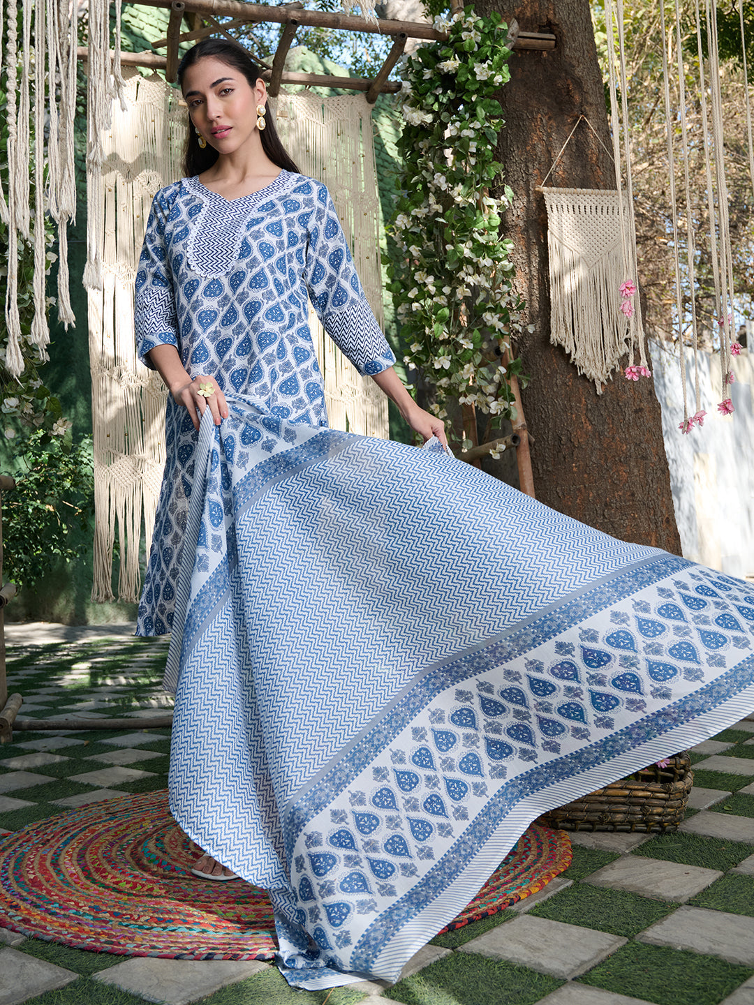 Blue Striped Printed Cotton Blend Straight Kurta Pant Dupatta Set (Pre-Order)
