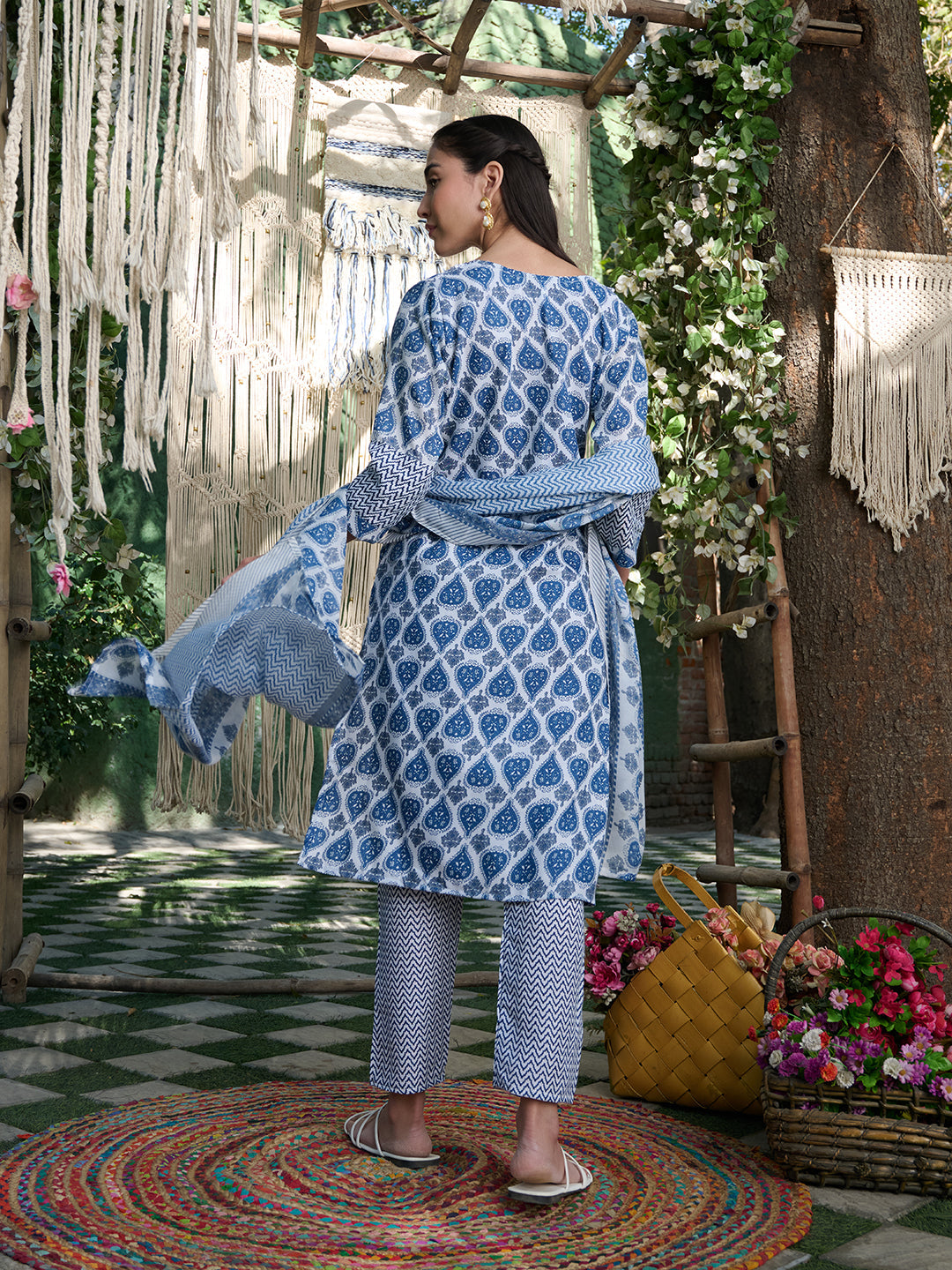 Blue Striped Printed Cotton Blend Straight Kurta Pant Dupatta Set