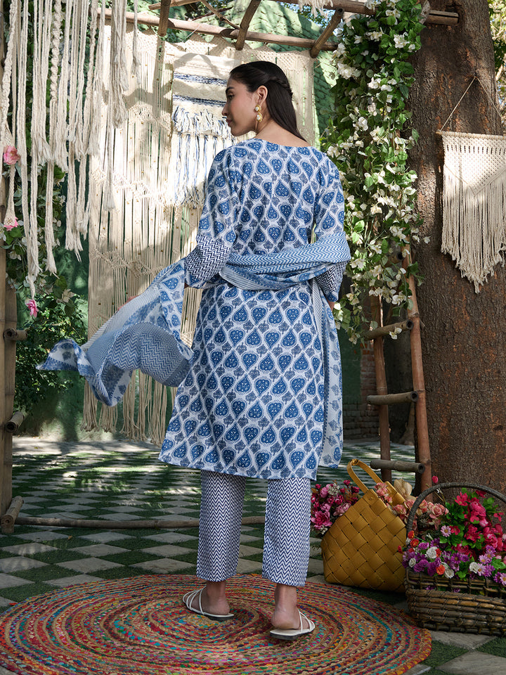 Blue Striped Printed Cotton Blend Straight Kurta Pant Dupatta Set