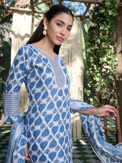 Blue Striped Printed Cotton Blend Straight Kurta Pant Dupatta Set