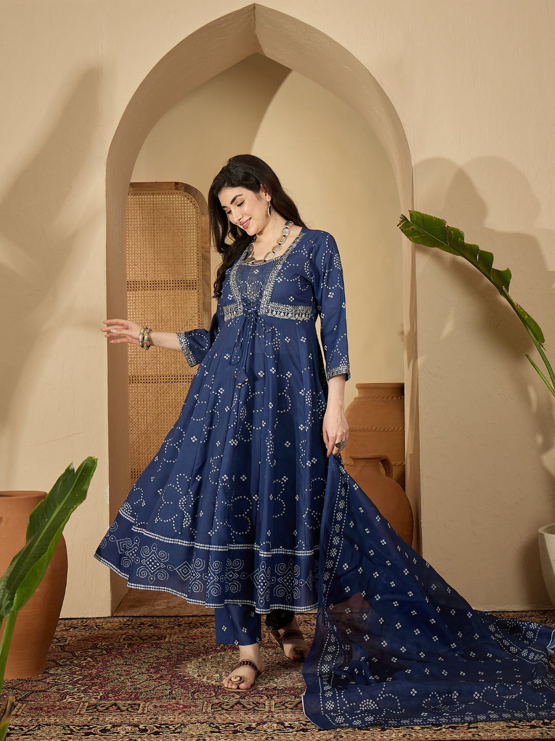 Ethnic Printed Cotton Blend Anarkali Kurta Pant Dupatta Set