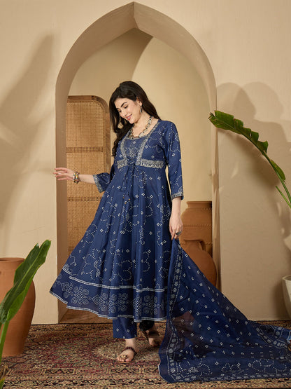 Ethnic Printed Cotton Blend Anarkali Kurta Pant Dupatta Set