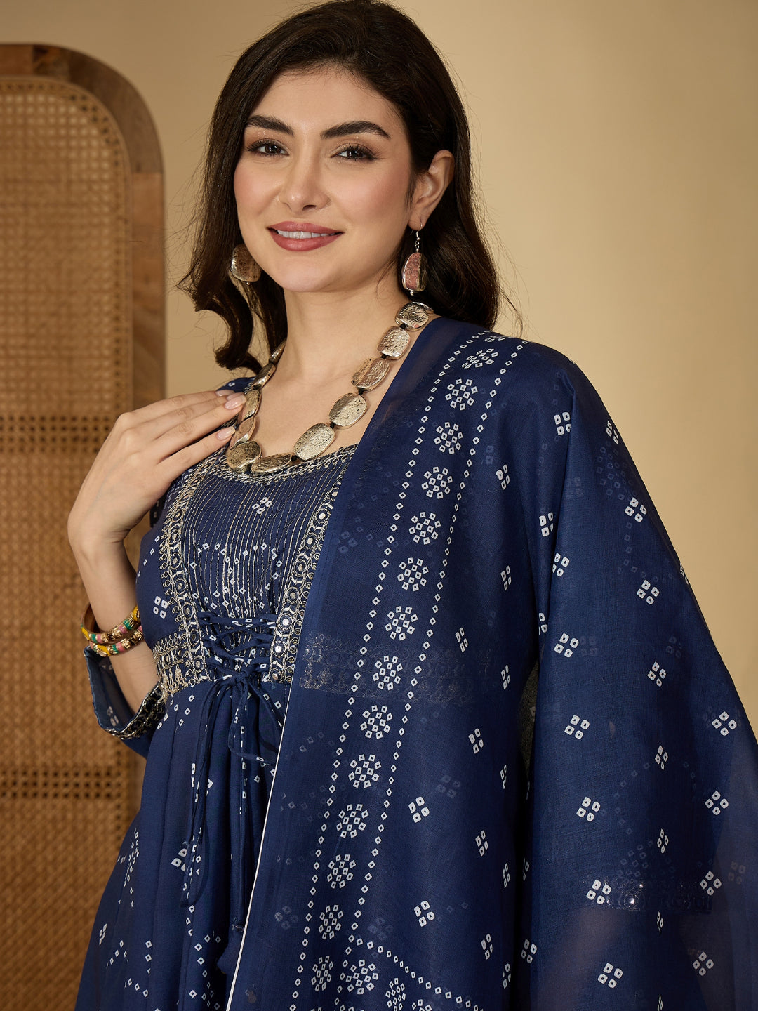 Ethnic Printed Cotton Blend Anarkali Kurta Pant Dupatta Set