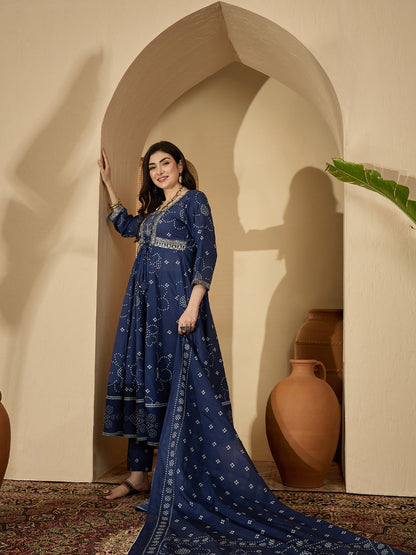 Ethnic Printed Cotton Blend Anarkali Kurta Pant Dupatta Set