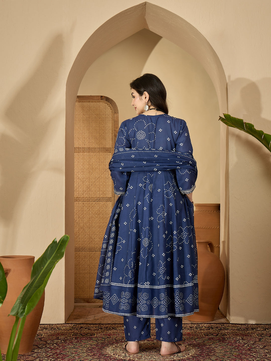 Ethnic Printed Cotton Blend Anarkali Kurta Pant Dupatta Set