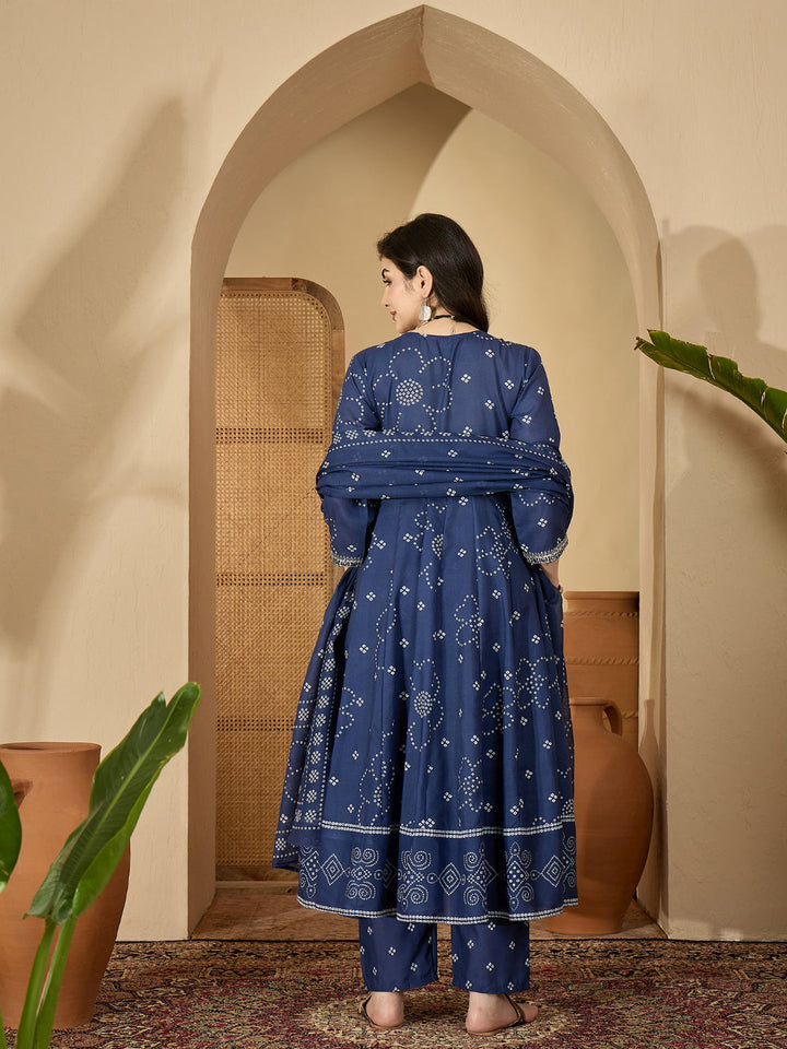 Ethnic Printed Cotton Blend Anarkali Kurta Pant Dupatta Set
