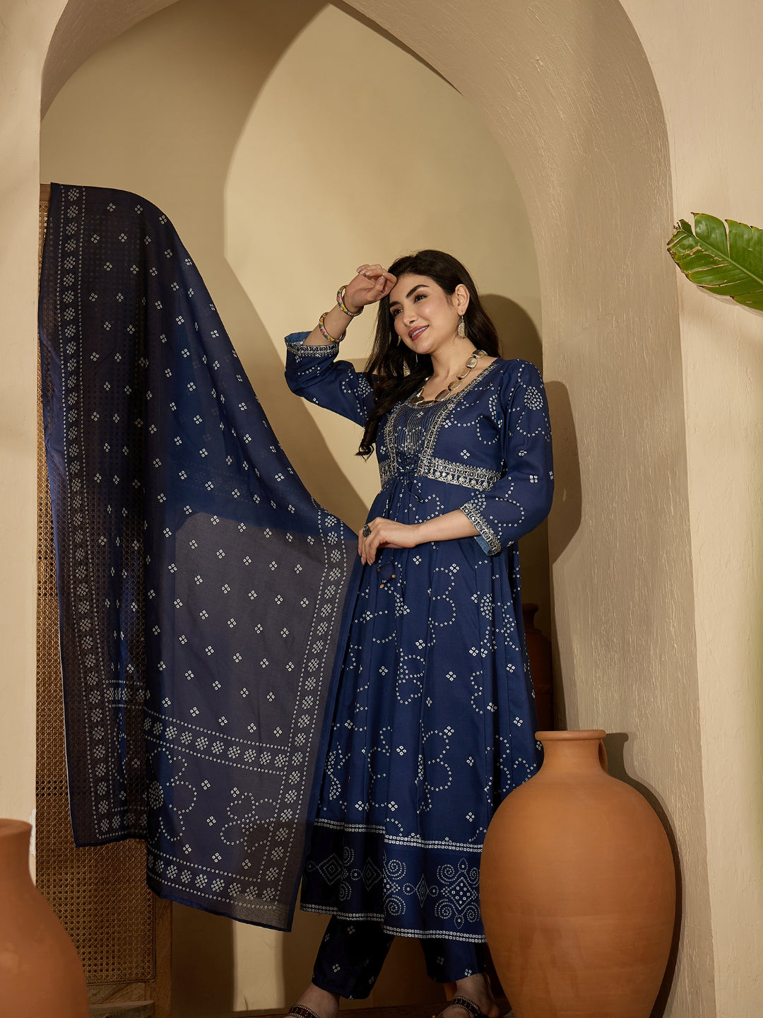 Ethnic Printed Cotton Blend Anarkali Kurta Pant Dupatta Set