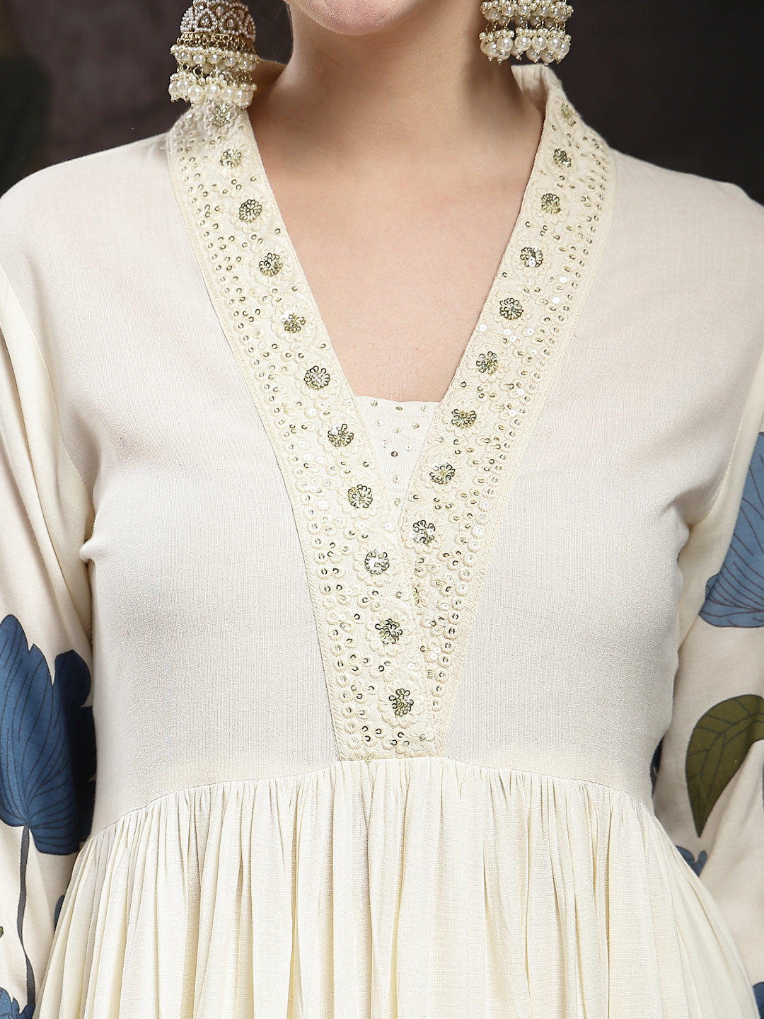 Blue Floral Printed Rayon Flared Kurta Palazzo Dupatta Set