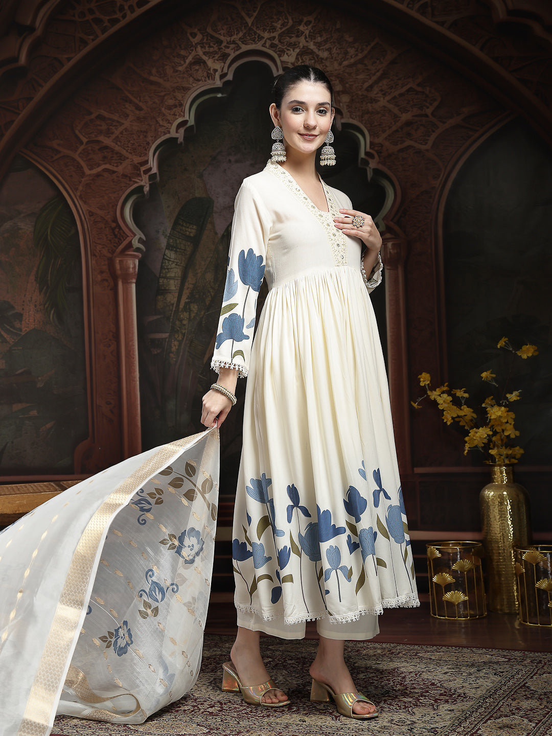 Blue Floral Printed Rayon Flared Kurta Palazzo Dupatta Set
