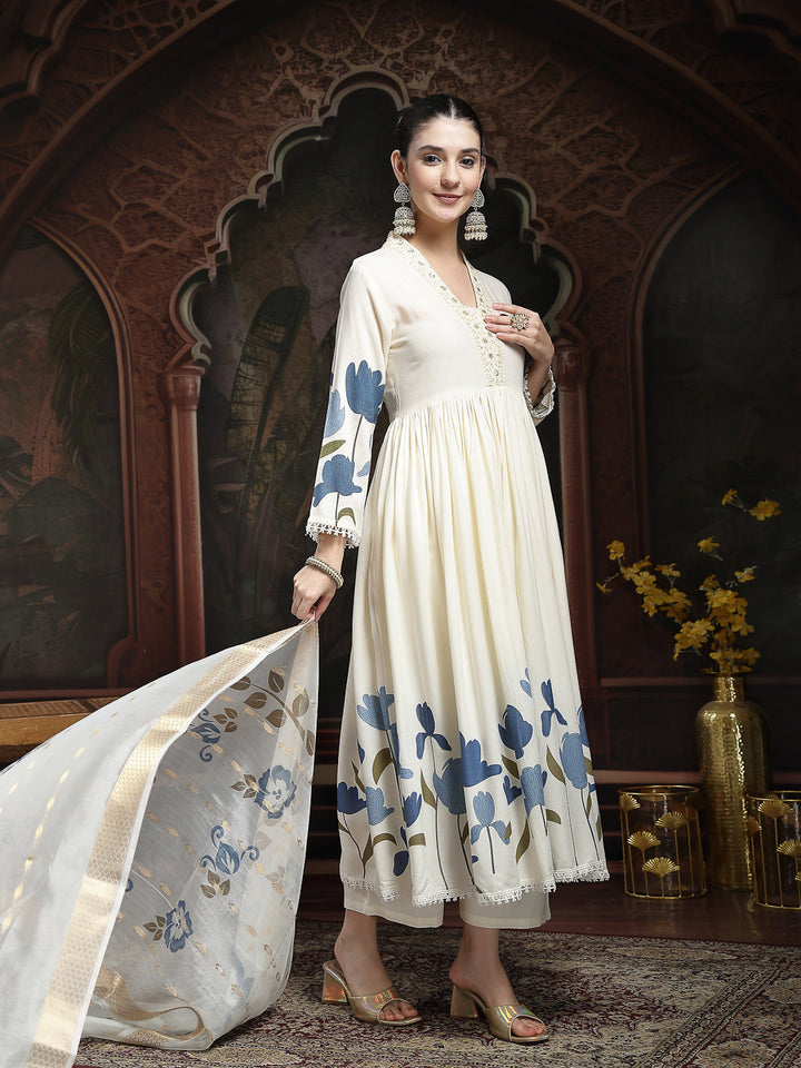 Blue Floral Printed Rayon Flared Kurta Palazzo Dupatta Set