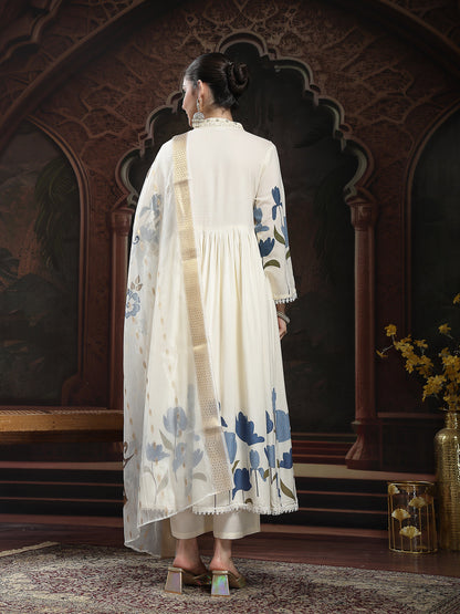 Blue Floral Printed Rayon Flared Kurta Palazzo Dupatta Set