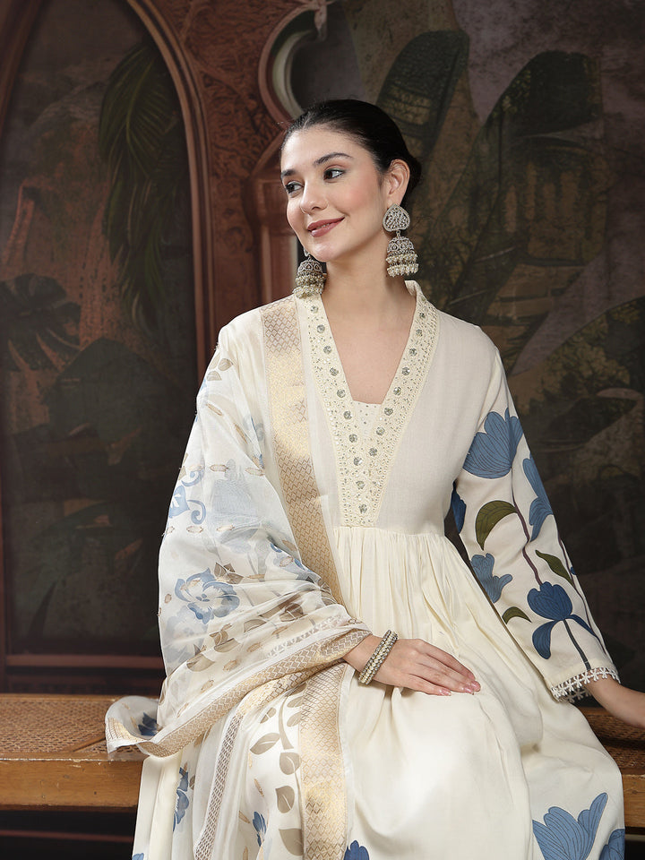 Blue Floral Printed Rayon Flared Kurta Palazzo Dupatta Set