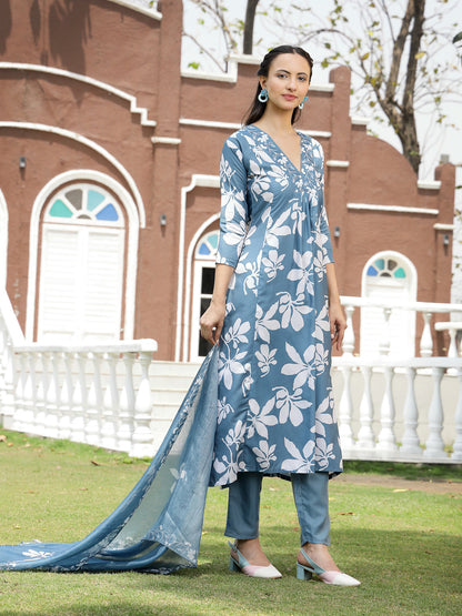 Blue Floral Printed Rayon A-Line Kurta Pant Dupatta Set