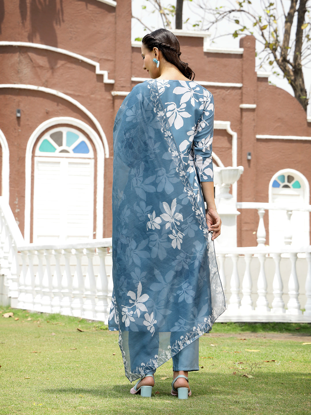 Blue Floral Printed Rayon A-Line Kurta Pant Dupatta Set