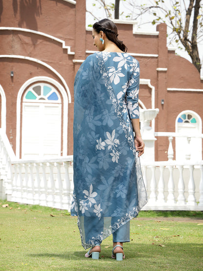 Blue Floral Printed Rayon A-Line Kurta Pant Dupatta Set