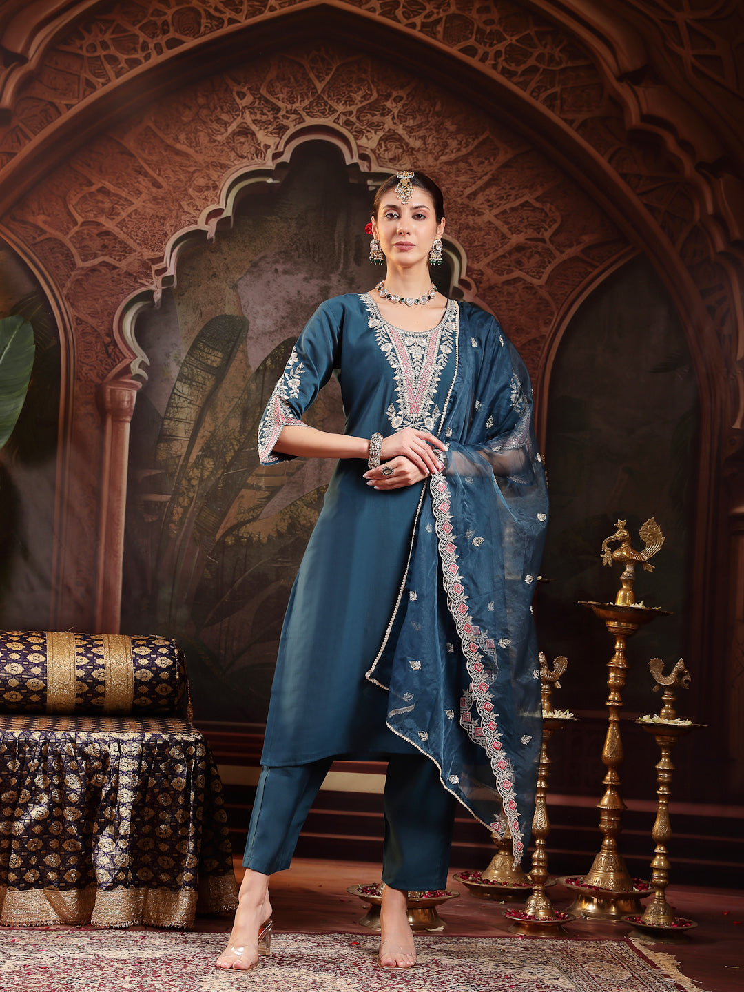 Blue Solid & Embroidered Roman Silk Straight Kurta Pant Dupatta Set (Pre-Order)